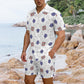 Men’s White, Blue & Red Geometric Pattern All Over Print Men's Hawaiian Shirt & Shorts Set