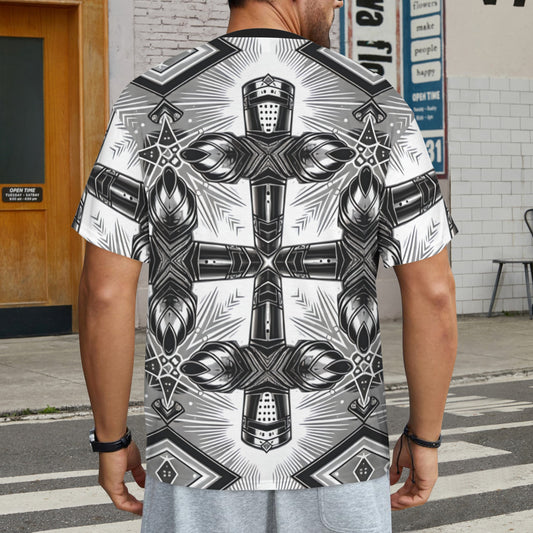 Men's Monochrome Gothic Cross Pattern All Over print All Over Print Ribbed Collar T-Shirt