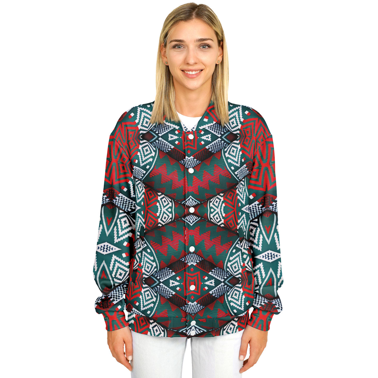 Women's Red, Green & White Teal Aztec Geo Pattern All-Over Print Baseball Jacket