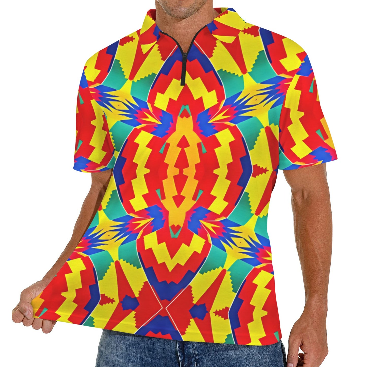 Men's Vibrant African Kente Geometric Pattern All-Over Print Zipper Polo Shirt.