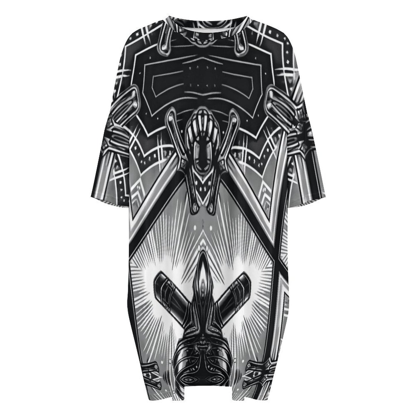 Women's Monochrome Kaleidoscope Pattern All-Over Print Oversized T- Shirt Loungewear