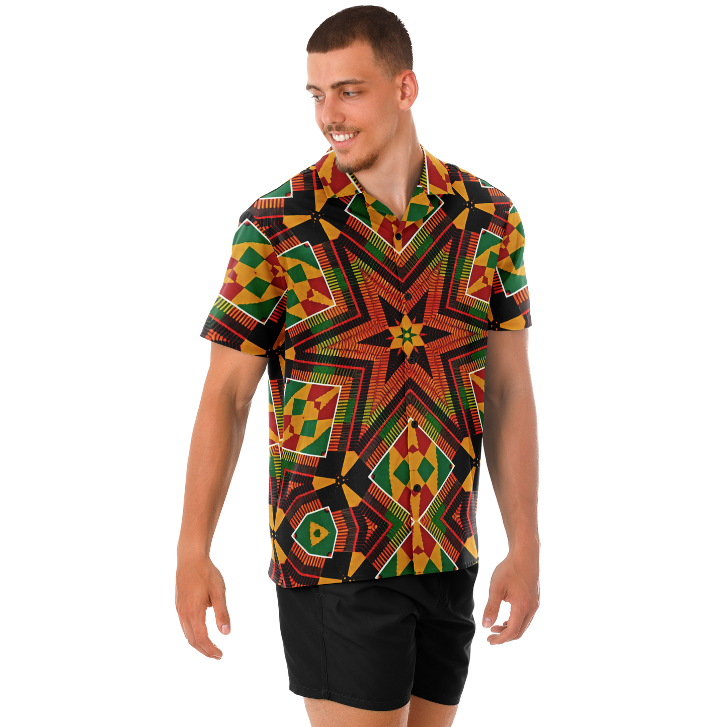 Men's African Kente Geometric Star Pattern All-Over Print Spread Collar Short Sleeve Button-Down Shirt