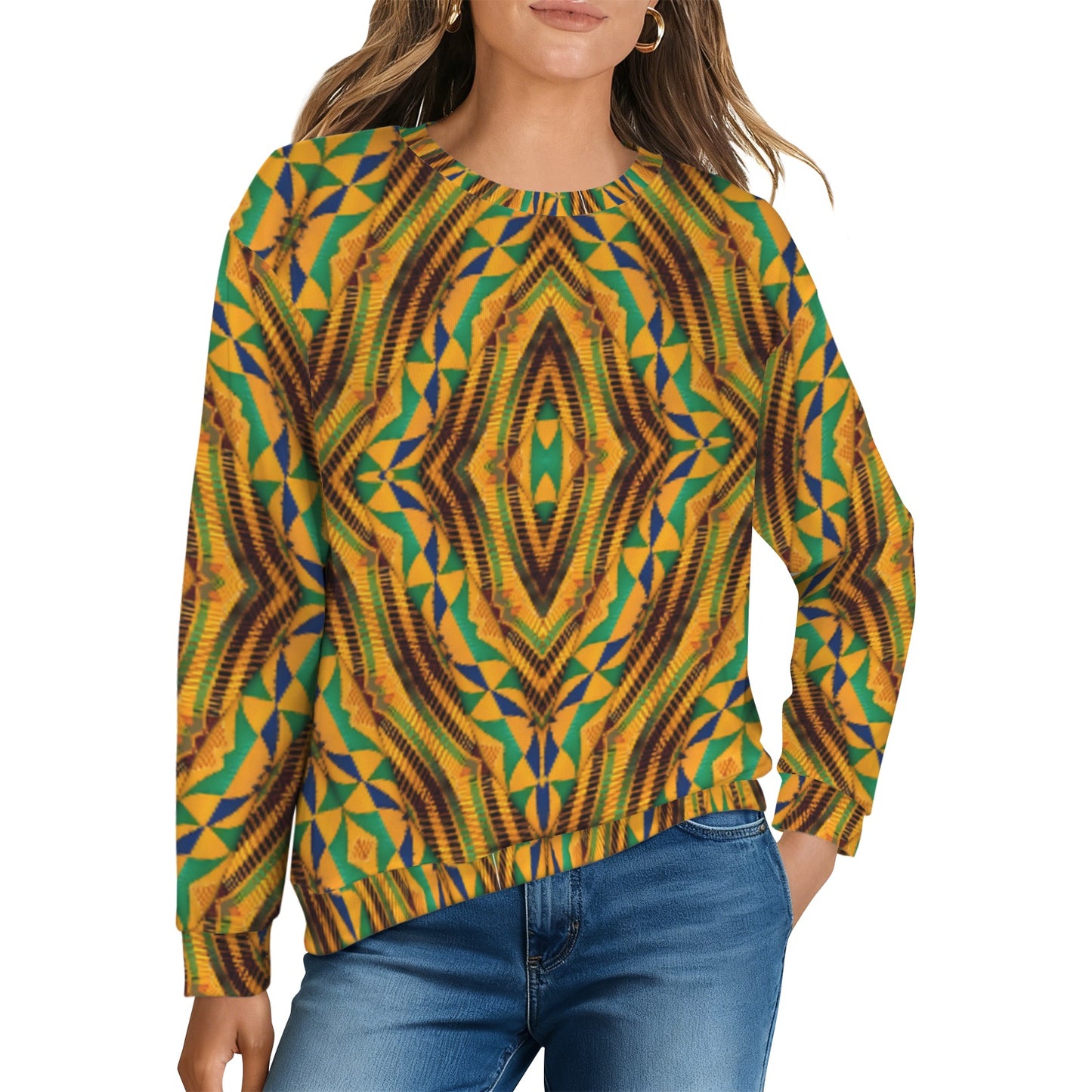 Women’s African Kente Geometric Pattern All-Over Print Crew Neck Sweater