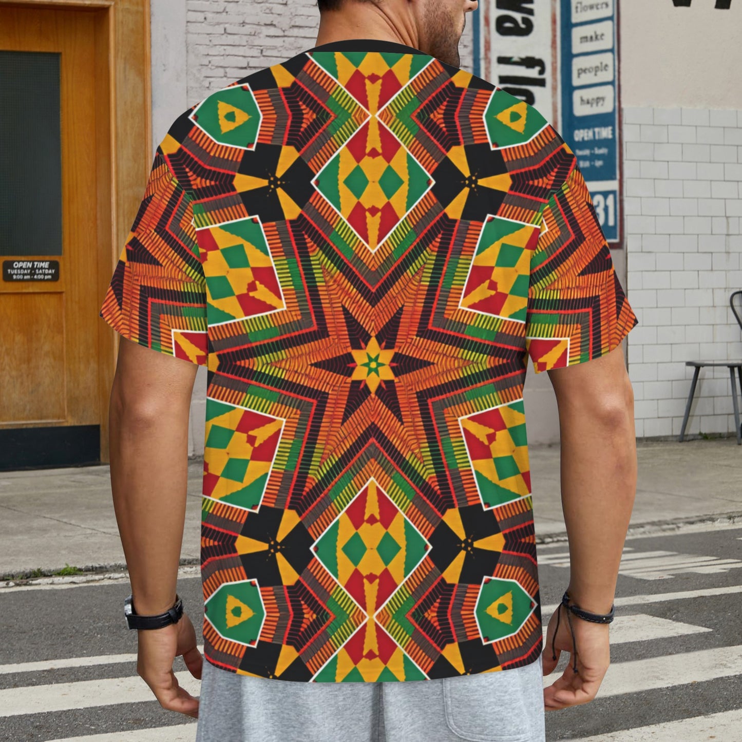 Men's African Kente Geometric Star Pattern All-Over Print Ribbed Collar T-Shirt