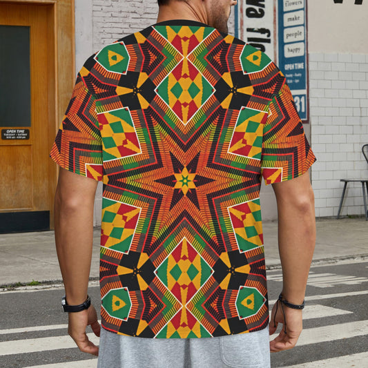 Men's African Kente Geometric Star Pattern All-Over Print Ribbed Collar T-Shirt