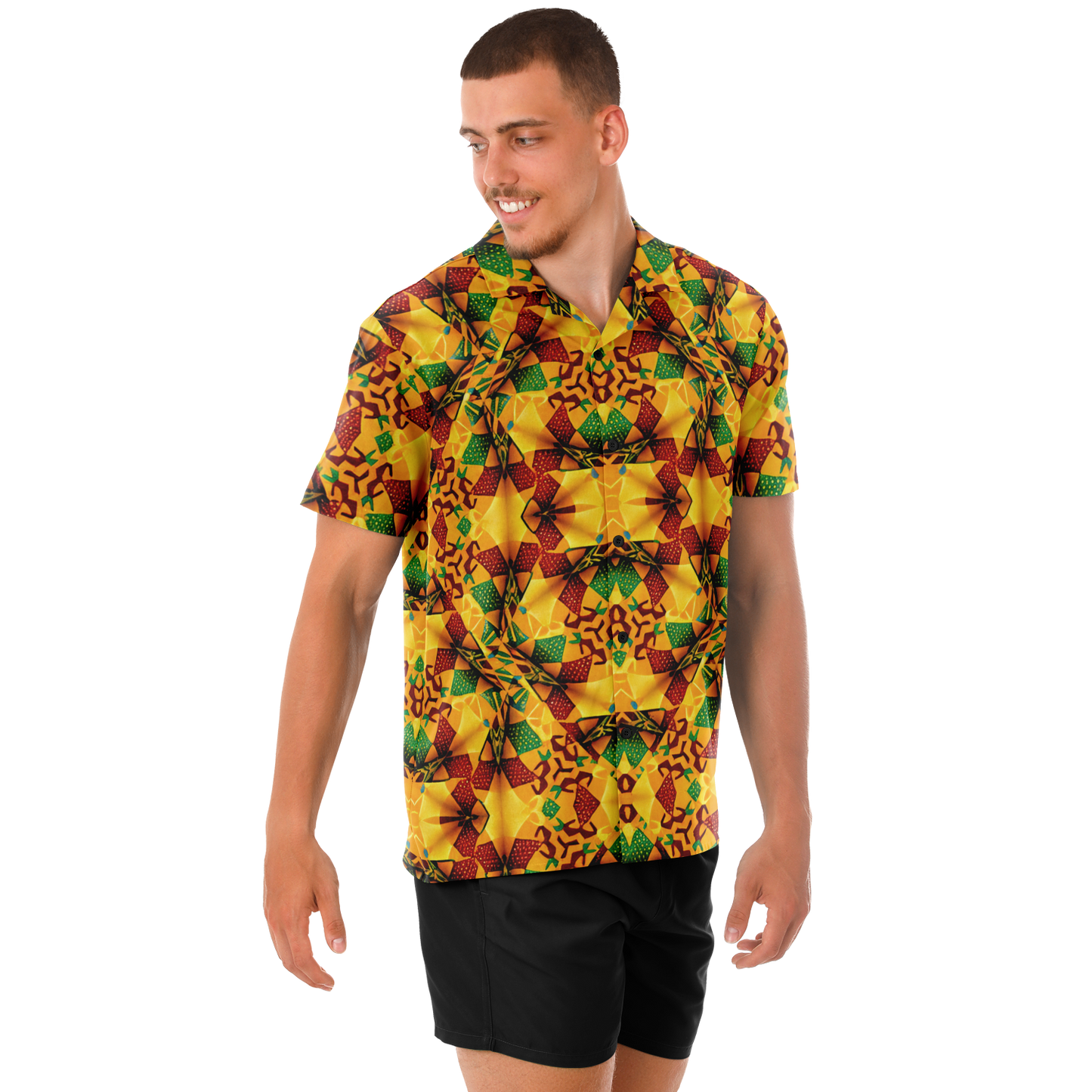 Men's Vibrant African Kente Geometric Pattern All Over Print Spread Collar Short Sleeve Button-Down Shirt