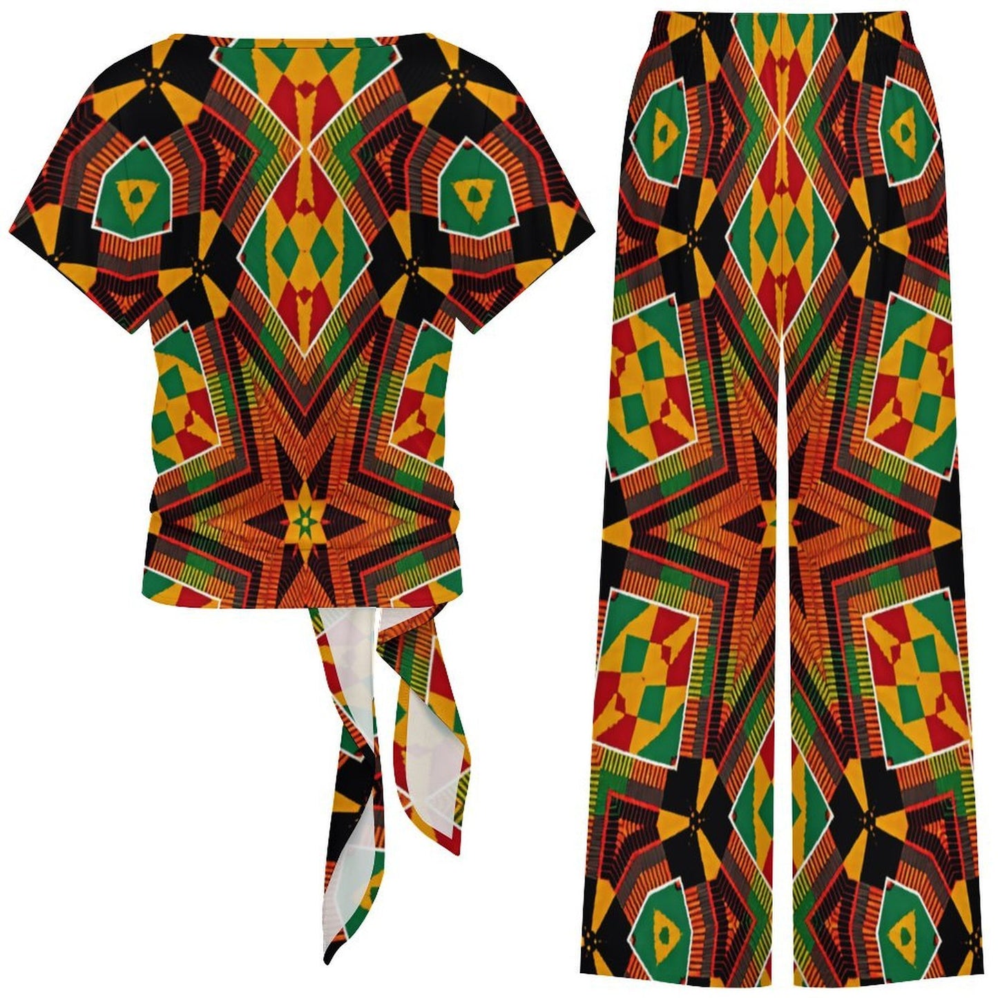 Women's African Kente Geometric Star Pattern All-Over Print Side-Tie Short Sleeve Top & Wide-Leg Pants Set