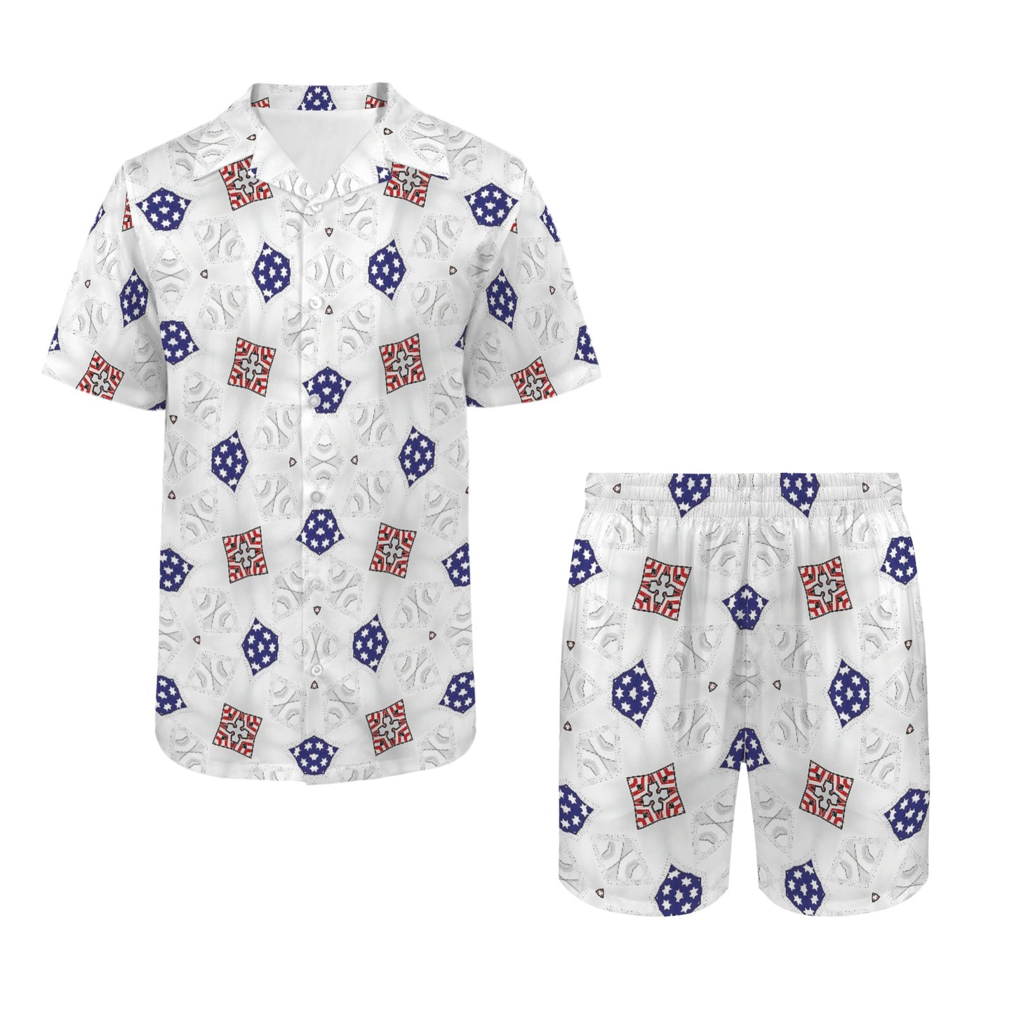 Men’s White, Blue & Red Geometric Pattern All Over Print Men's Hawaiian Shirt & Shorts Set