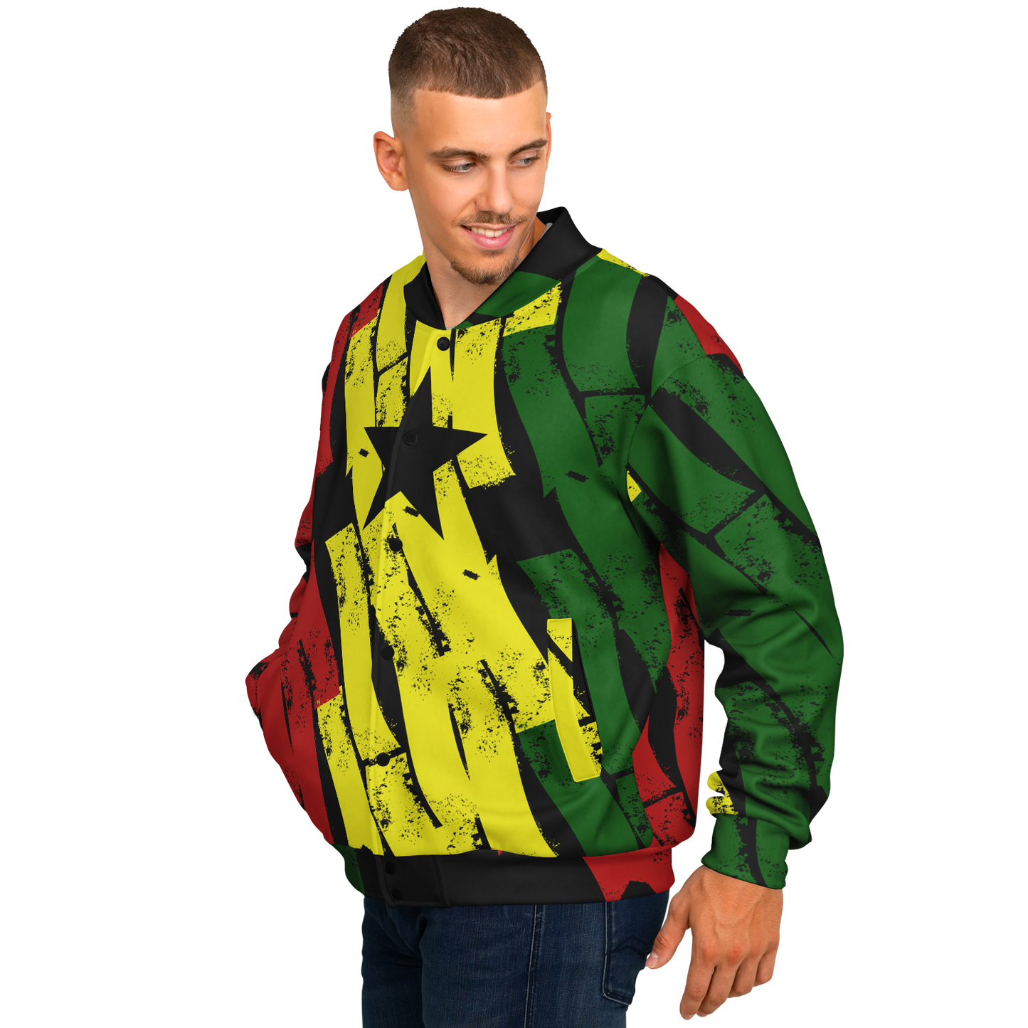 Men's Ghana Flag & Black Star Pattern All-Over Print Baseball Jacket