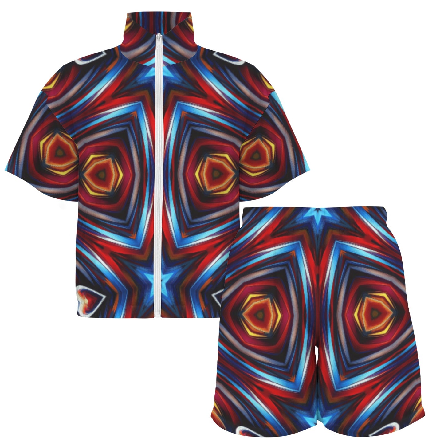 Women's Patriotic Red White Blue Geometric Windbreaker Short Set