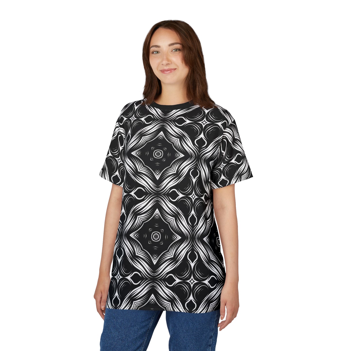 Women's Black & White Kaleidoscope Pattern All-Over Print Graphic Shirt
