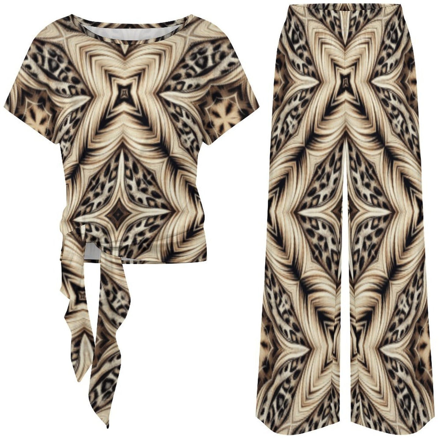 Women's Geometric Kaleidoscope Brown Pattern All Over Print Side-Tie Short Sleeve Top & Wide-Leg Pants Set