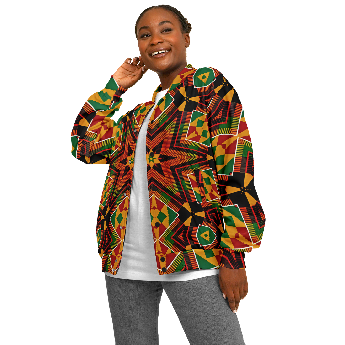 Women's African Kente Geometric Star Pattern All-Over Print Baseball Jacket