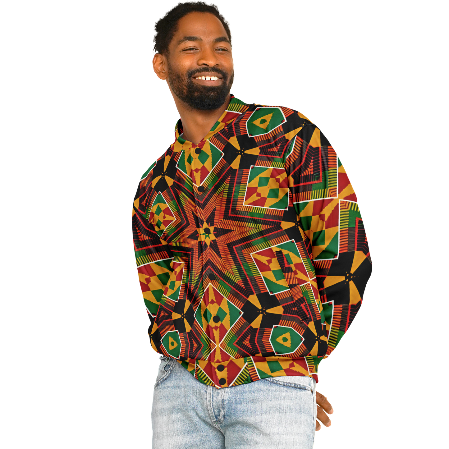 Men's African Kente Geometric Star Pattern All-Over Print Baseball Jacket