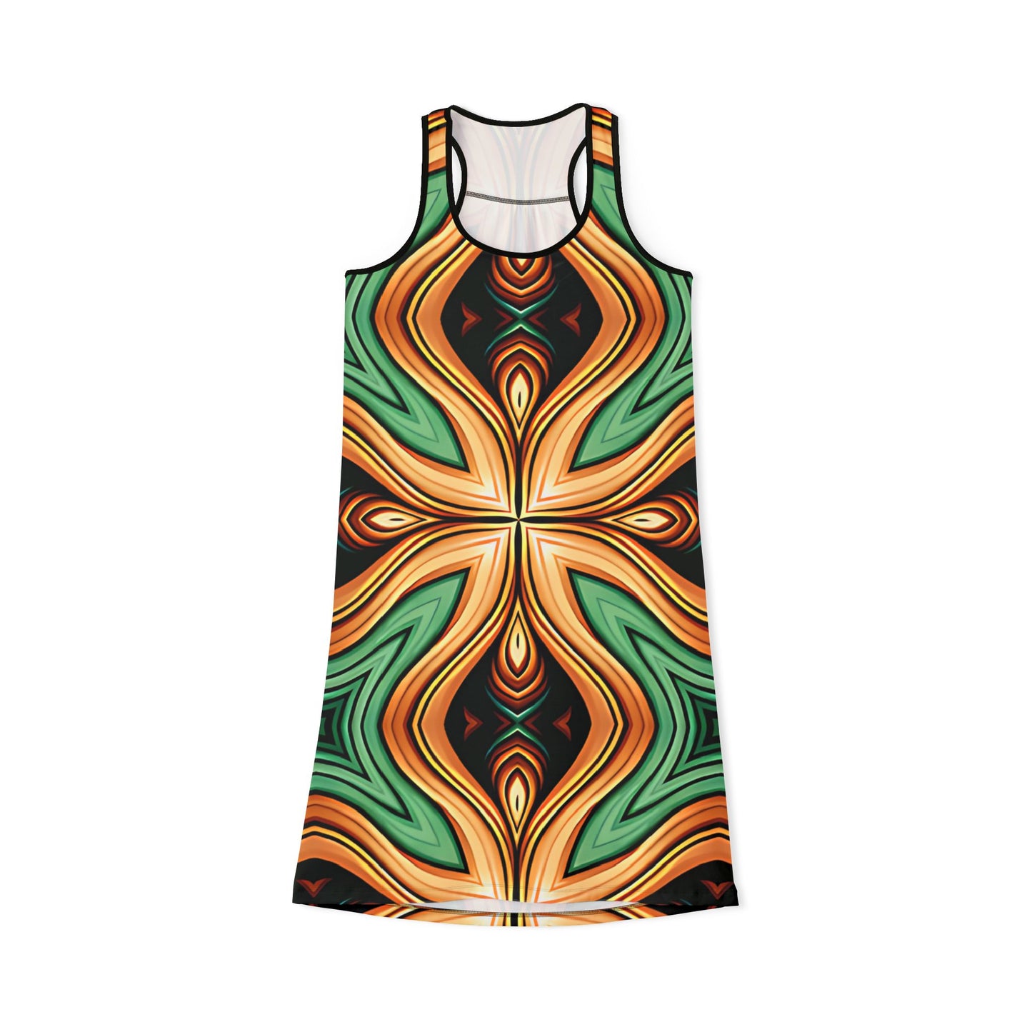 Women's Green & Gold Psychedelic Floral Pattern All-Over Print Racer back Dress