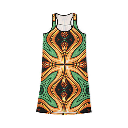 Women's Green & Gold Psychedelic Floral Pattern All-Over Print Racer back Dress