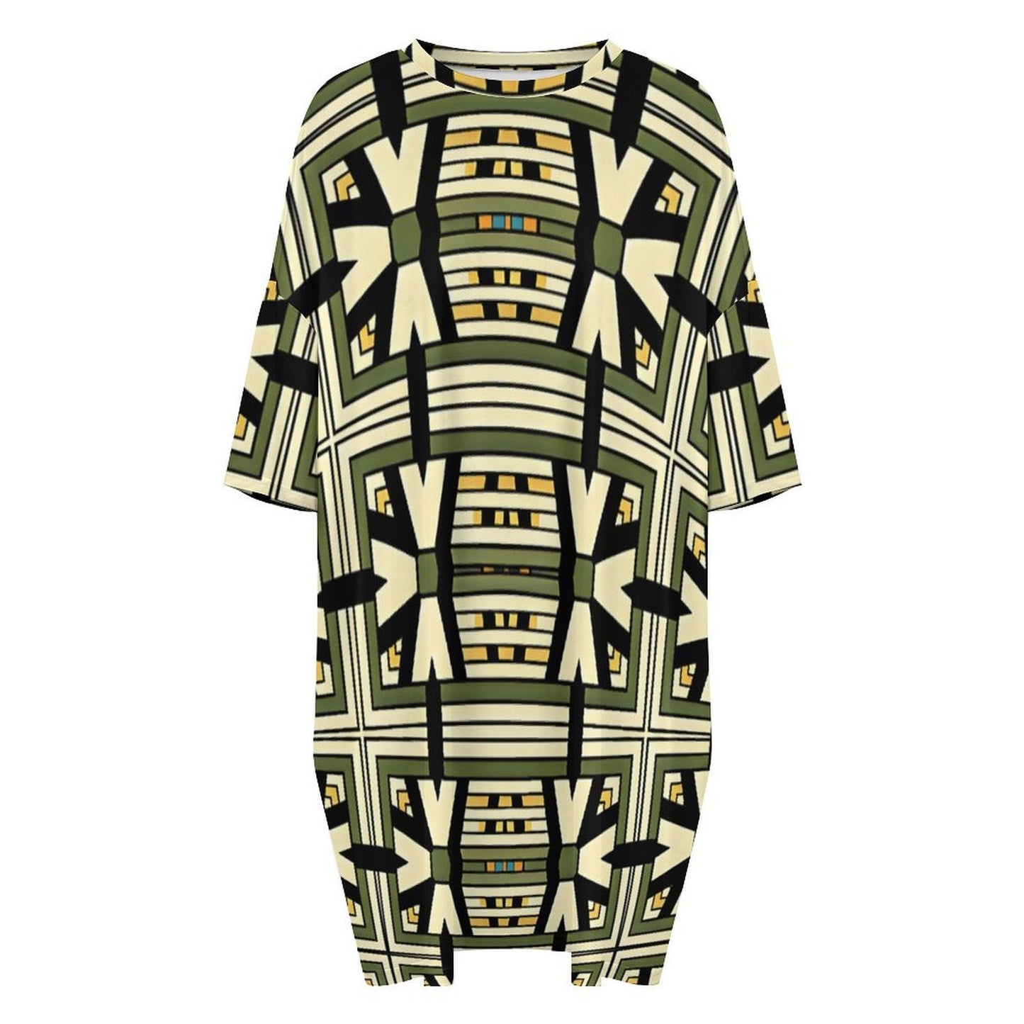 Women's Geometric Olive Green Tribal Pattern All Over Print Oversized T- Shirt Loungewear