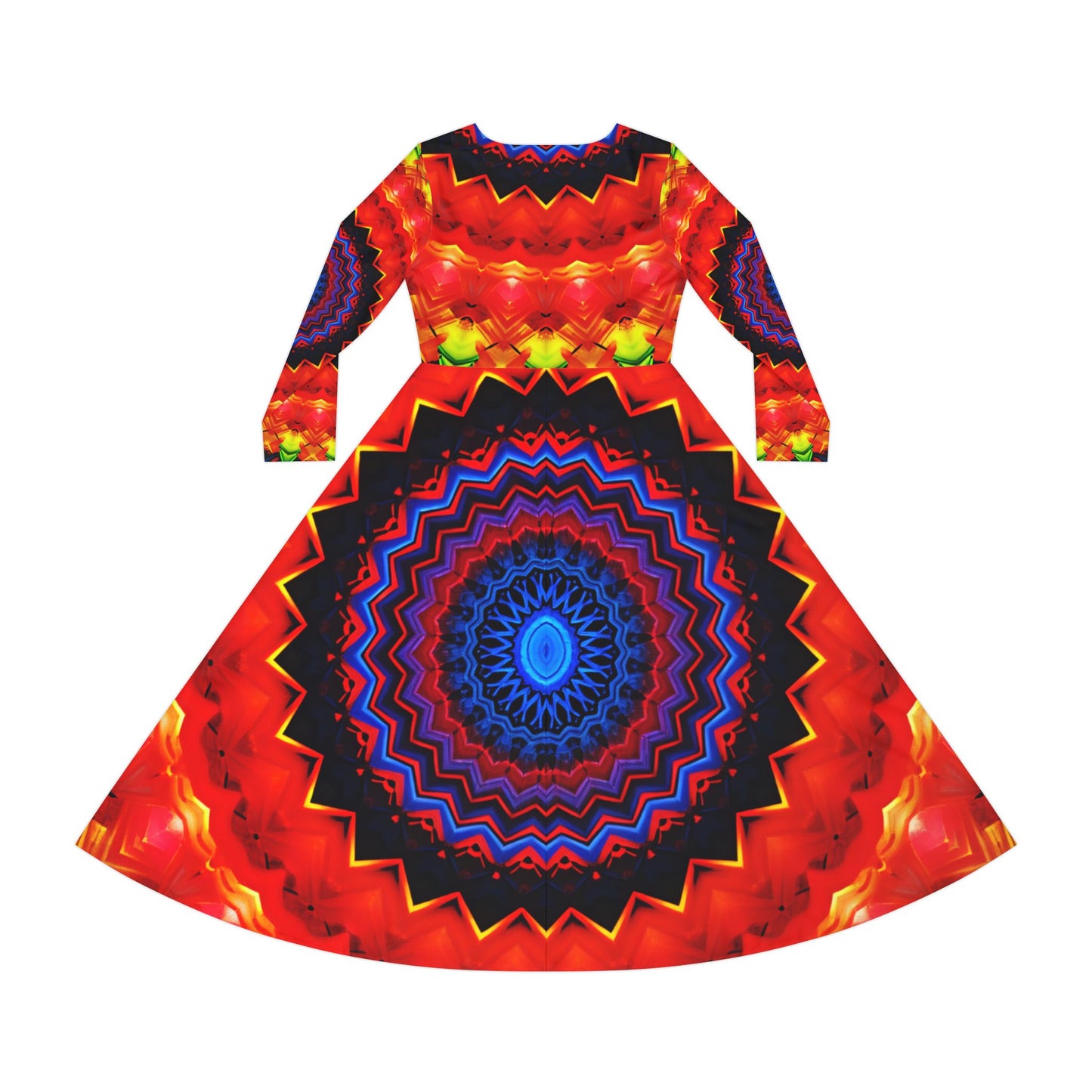 Women's Psychedelic Mandala Long-Sleeve Twirl All-Over Print  Dance Dress