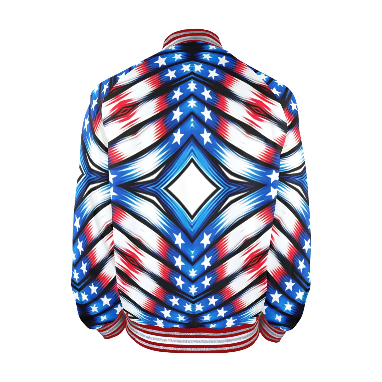 Men's Red White Blue Geometric Pattern All-Over Print All Over Print Striped Trim Bomber Jacket