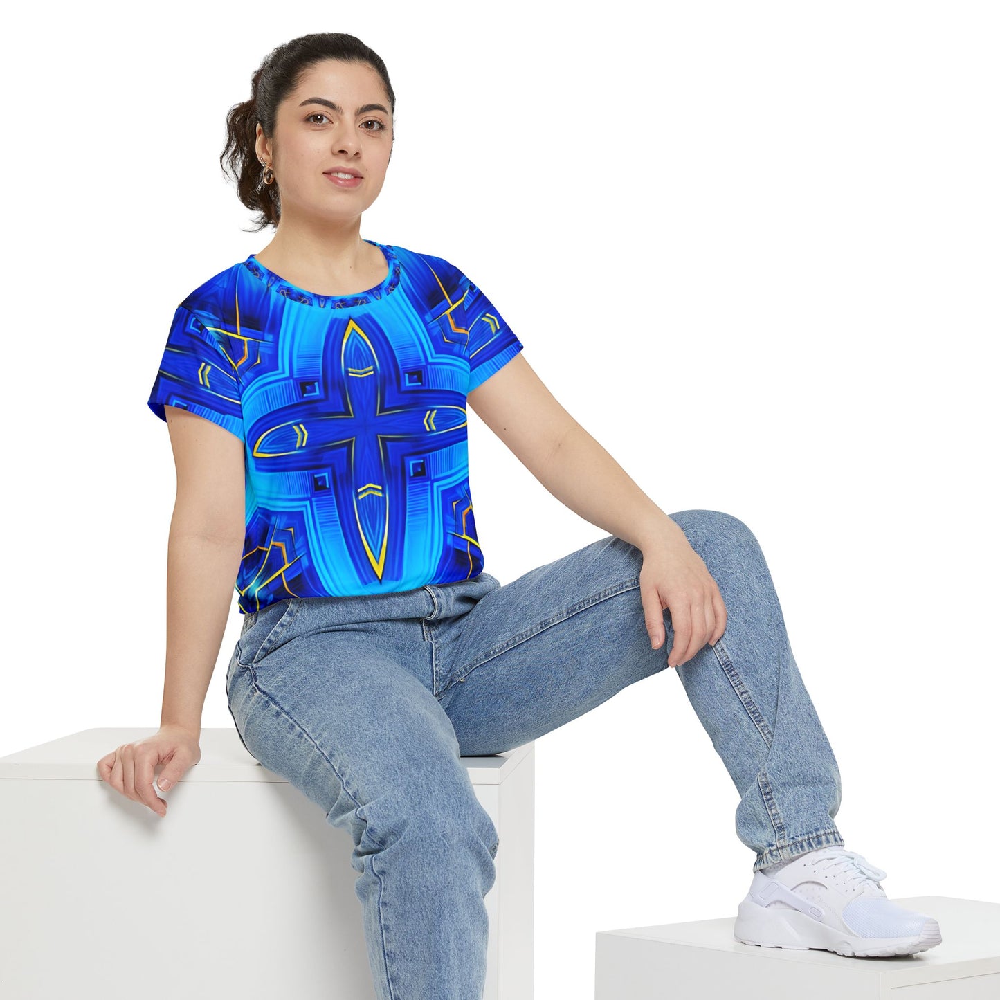 Women's Short Sleeve Blue Kaleidoscope Cross Print All-Over Graphic Tee