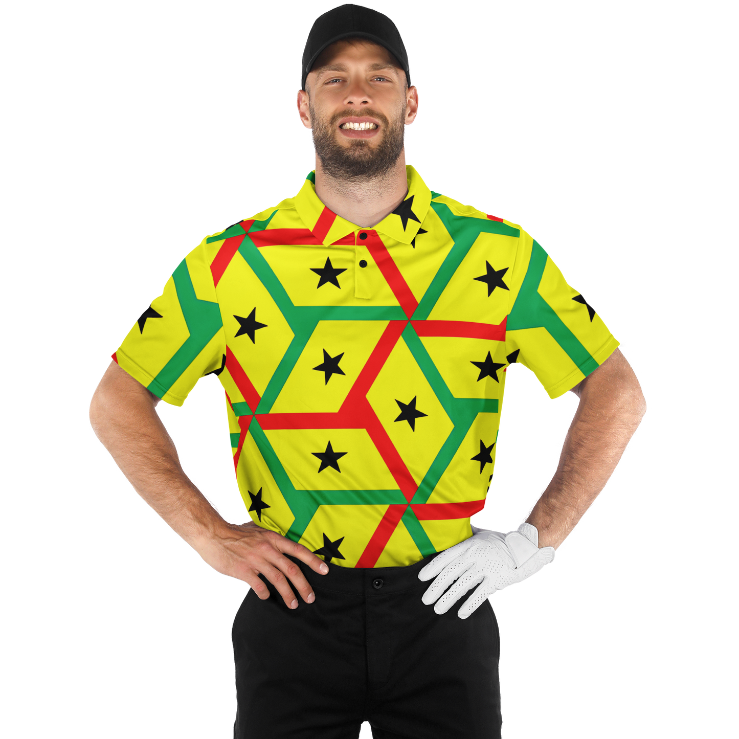 Men's Red Yellow Green Black Stars Polyester Polo Shirt