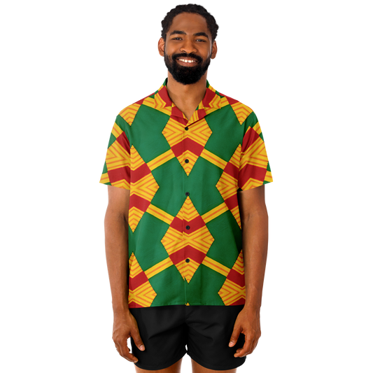 Men Bold Green, Red & Gold African Kente-Inspired Pattern Spread Collar Short Sleeve Button-Down All-Over Print Shirt