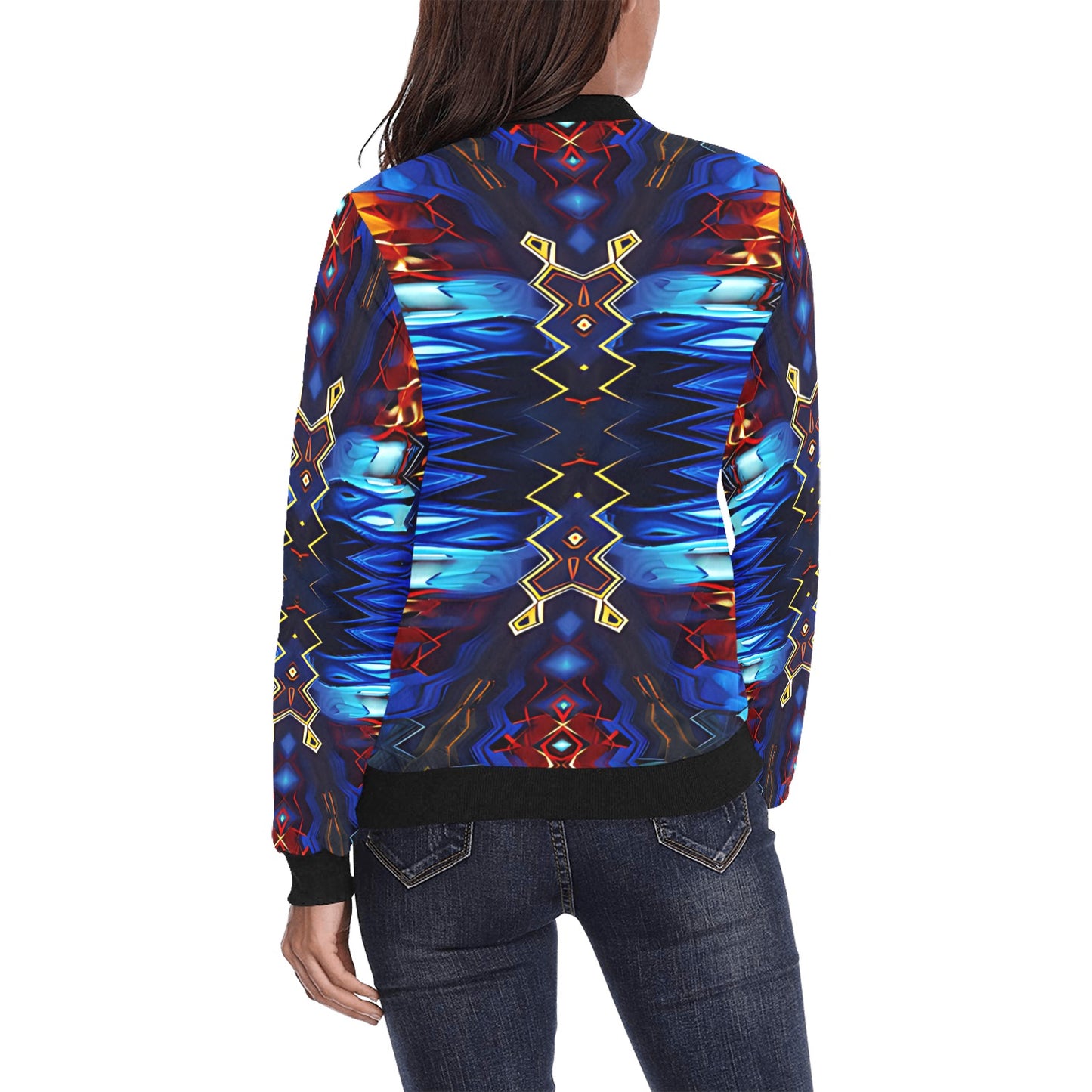 Women's Blue & Red Kaleidoscope Pattern All-Over Print Bomber Jacket