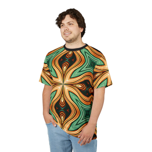 Men's Green & Gold Psychedelic Floral Pattern All-Over Print Tee