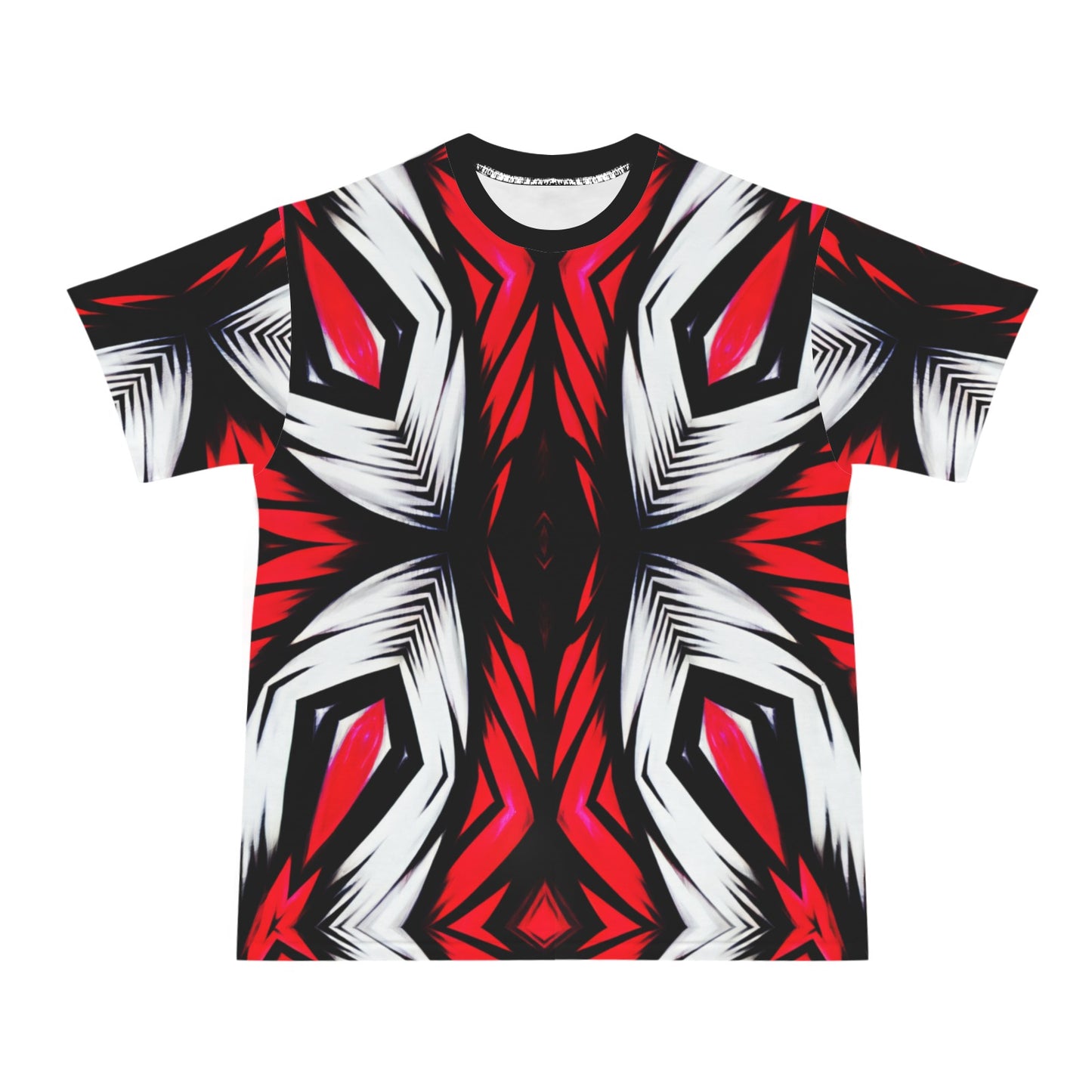 Men's Abstract Red, White & Black Pattern All-Over Print Men's All Over Print Ribbed Collar T-Shirt.