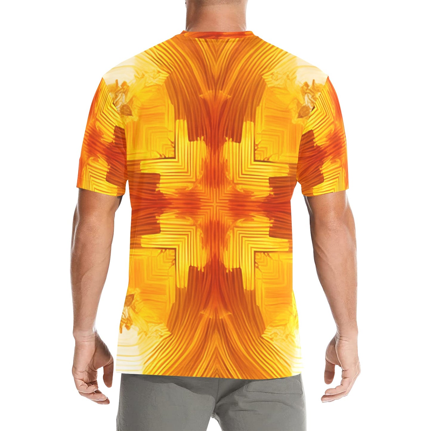 Men's Abstract Orange Flame Pattern All Over Print Crew Neck T-Shirt