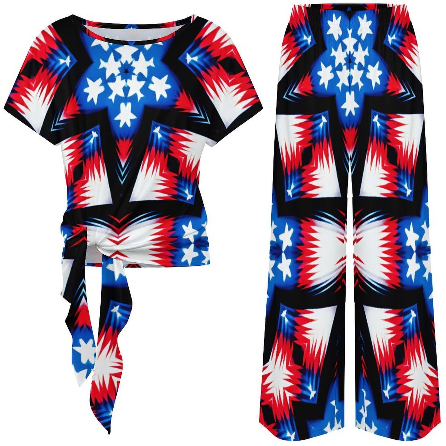 Women's Red White Blue & Black Geometric Pattern All-Over Print Side-Tie Short Sleeve Top & Wide-Leg Pants Set