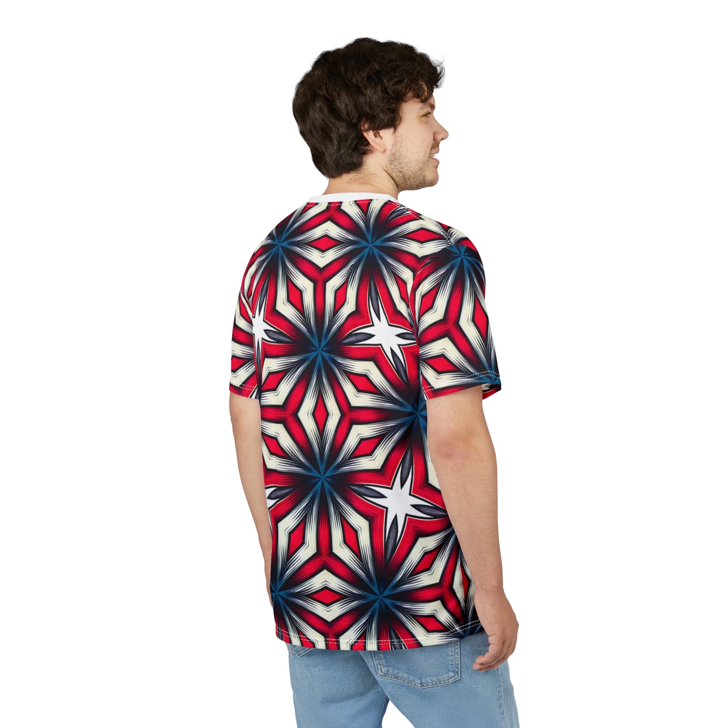 Men's Red, White & Blue Geometric Star Pattern All-Over Print Unisex Cut & Sew Tee
