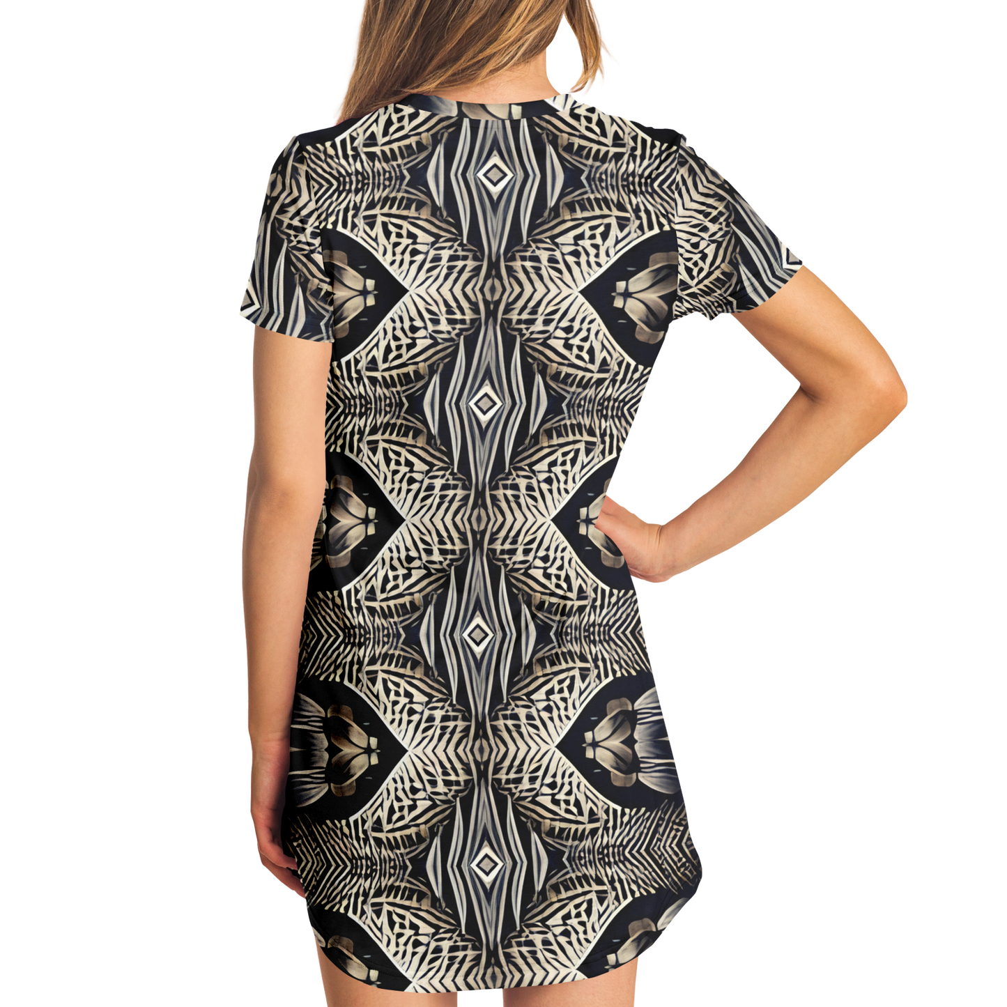 Women's Monochrome Geometric Kaleidoscope Pattern All Over Print T-Shirt Dress
