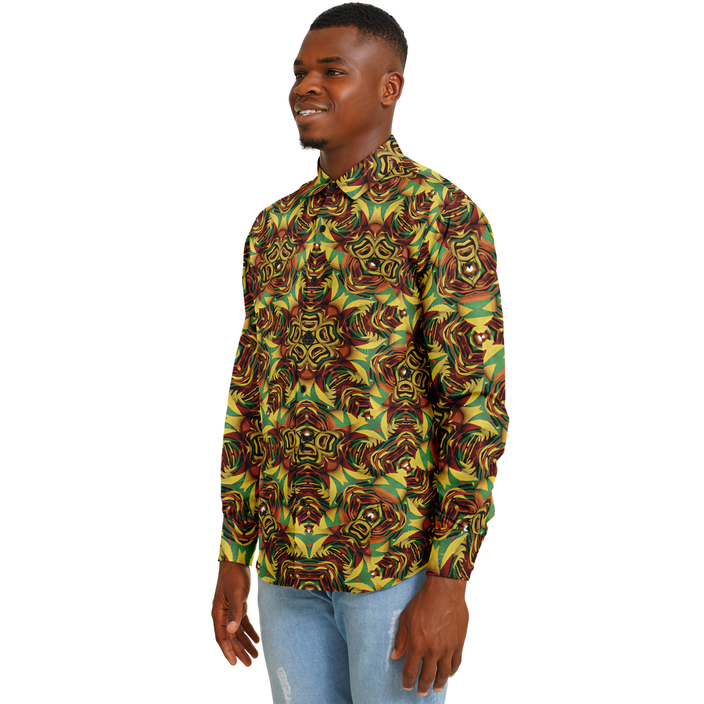 Men's Vibrant Geometric Pattern Spread Collar Long Sleeve Button-Down All Over Print Shirt.