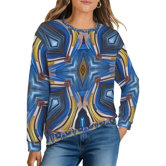 Women's Abstract Blue Geode Kaleidoscope Pattern All Over Print Crew Neck Sweater