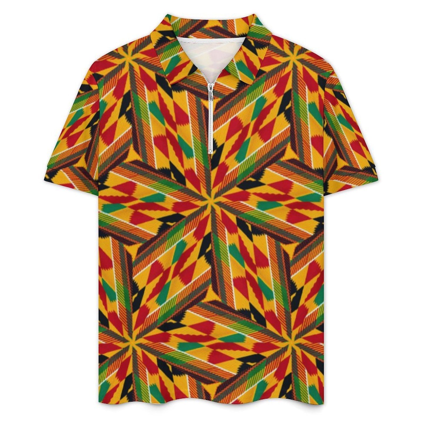 Men's Vibrant African Kente Geometric All-Over Print Zip-Up Polo Set