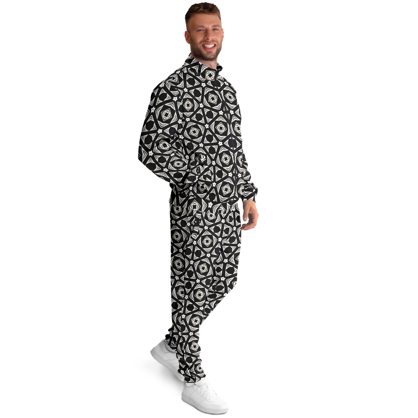 Men's Black Geometric Pattern Track Jacket and Pants