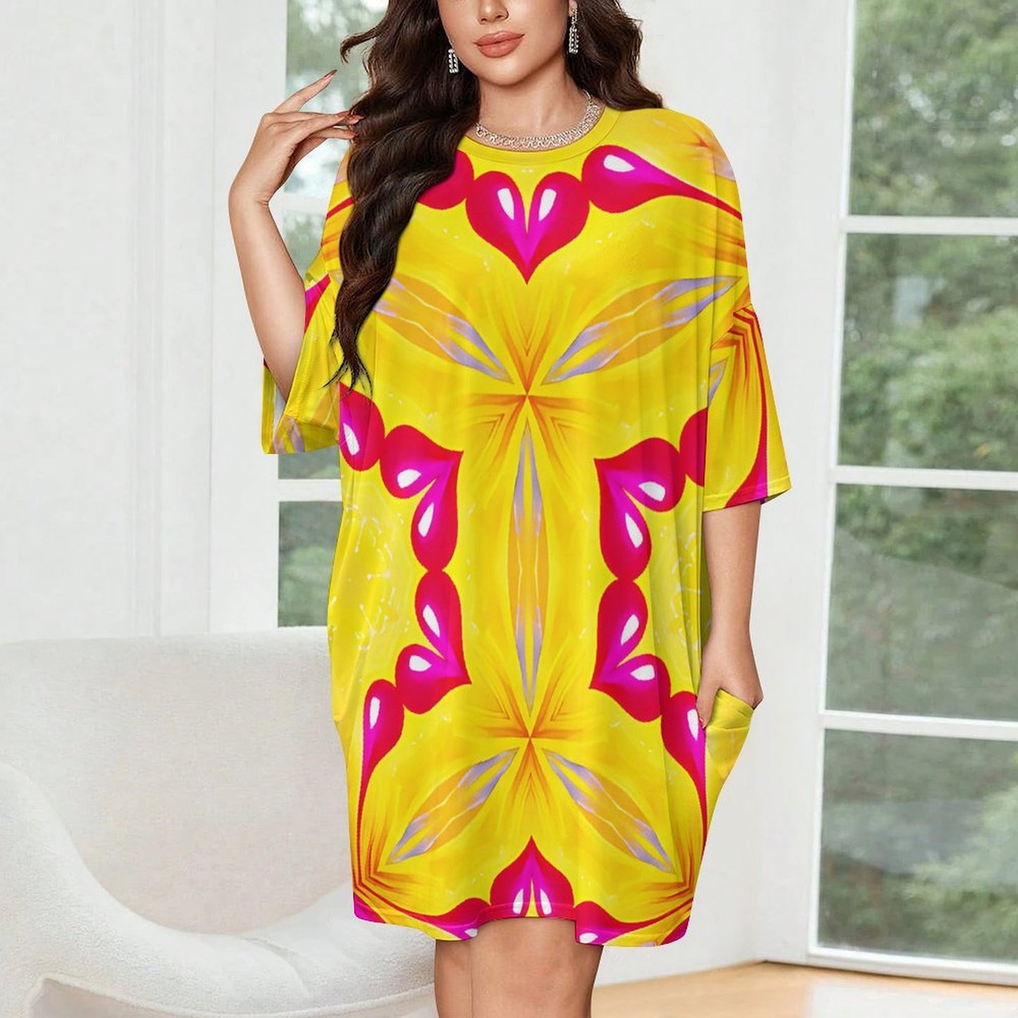 Women Bright Floral Pattern All Over Print Women's Oversized T- Shirt Loungewear