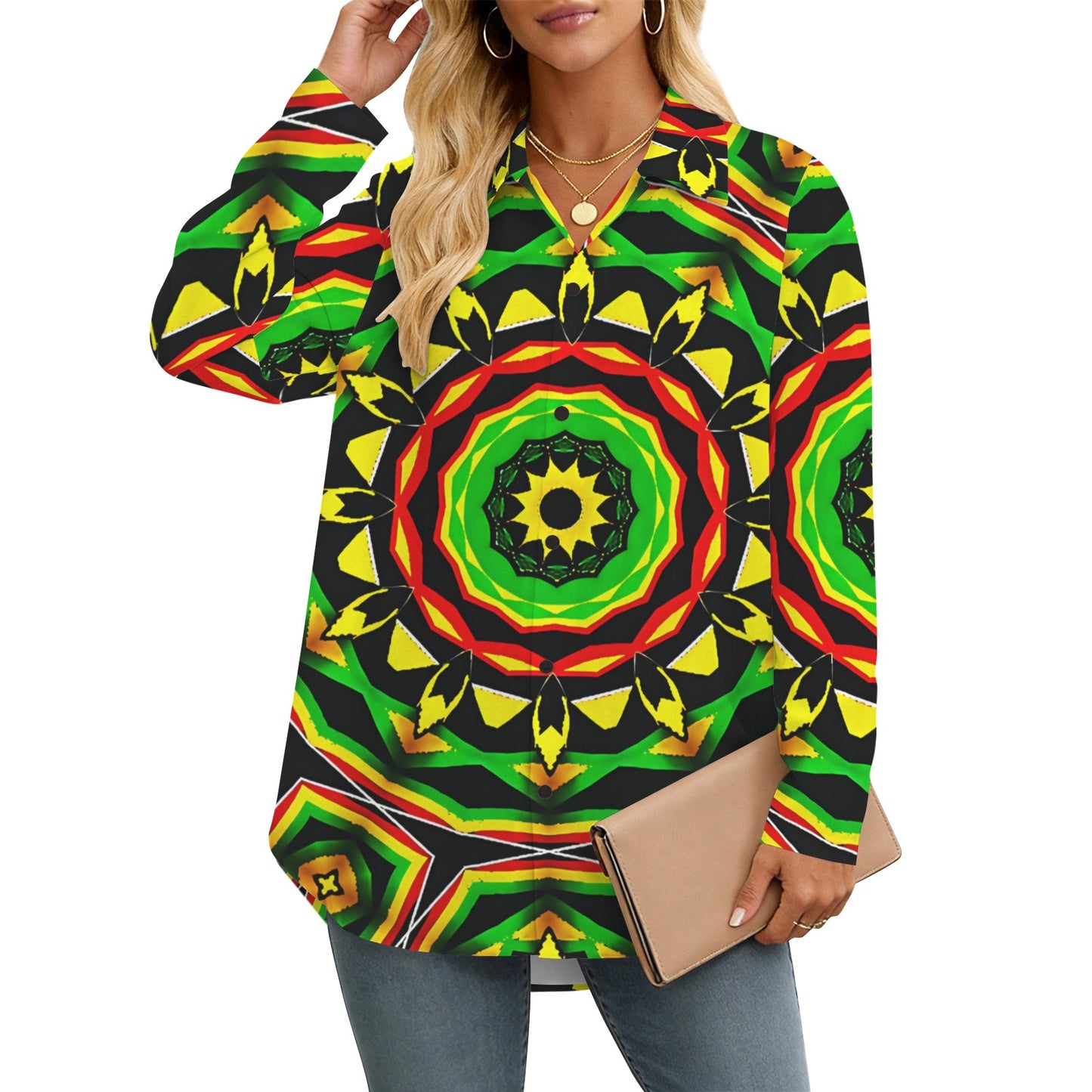 Women's Psychedelic Bold Reggae Colors All Over Print Long Sleeve Curved Hem Shirt