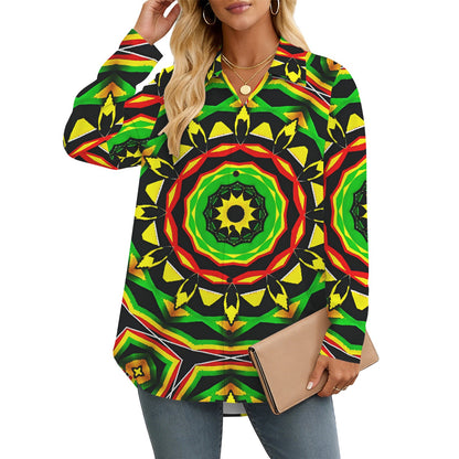 Women's Psychedelic Bold Reggae Colors All Over Print Long Sleeve Curved Hem Shirt