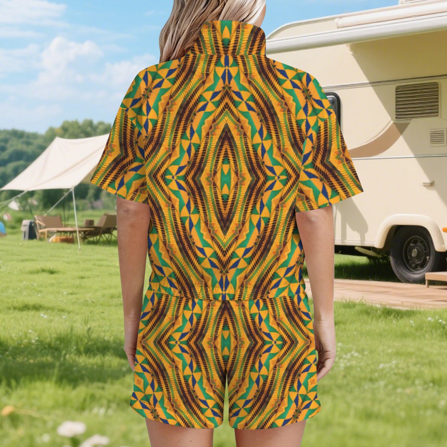 Women’s African Kente Geometric Pattern All-Over Print Windbreaker Short Set