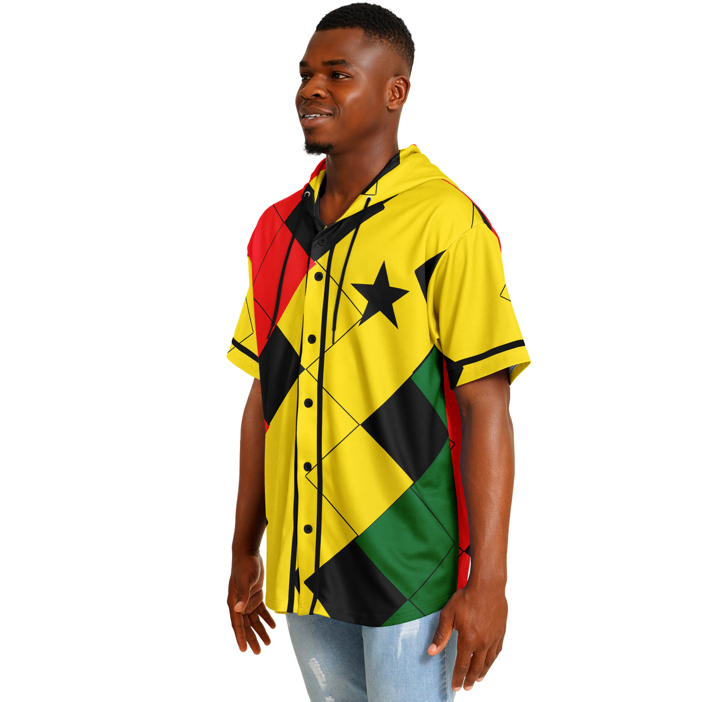 Men's Ghana Flag & Black Star Pattern All-Over Print Hooded Baseball Jersey