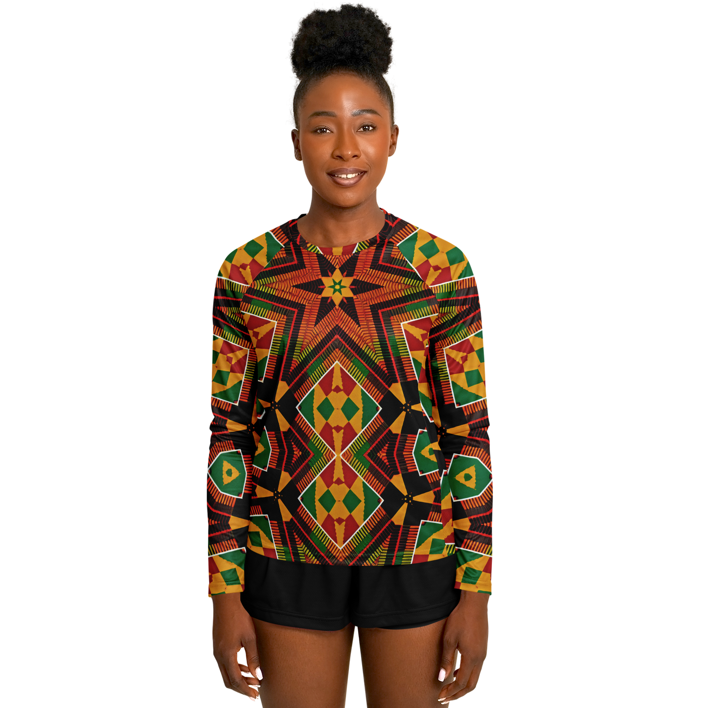 Women's African Kente Geometric Star Pattern All-Over Print Long Sleeve Performance Shirt