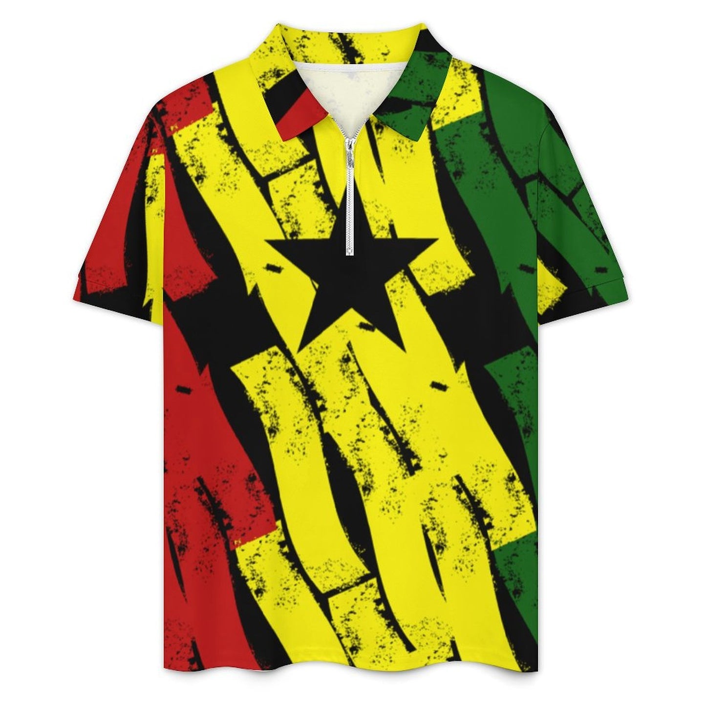 Men's Red Yellow Green and Black Stars Zip-Up Polo Set
