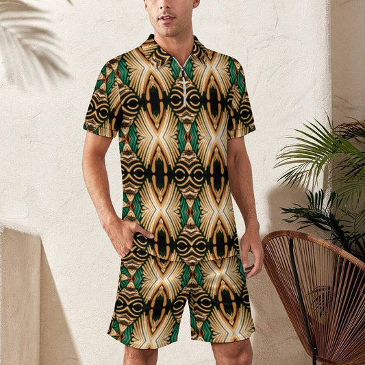 Men's Tribal Geometric All over Print Zip-Up Polo Set