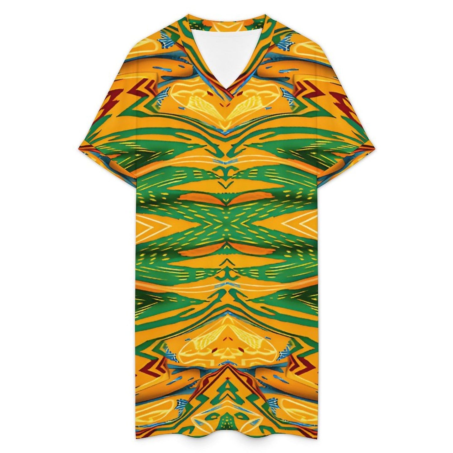 Women's Tropical Kaleidoscope Bold Green & Gold Pattern All-Over Print Casual V-Neck Dress with Rolled Cuffs