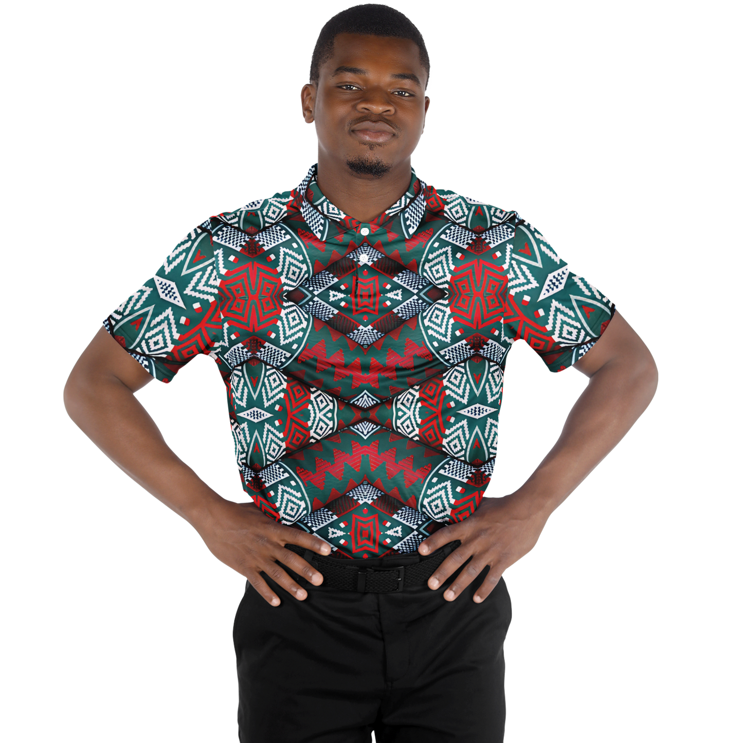 Men's Red, Green & White Teal Aztec Geo Pattern All-Over Print Polo Shirt
