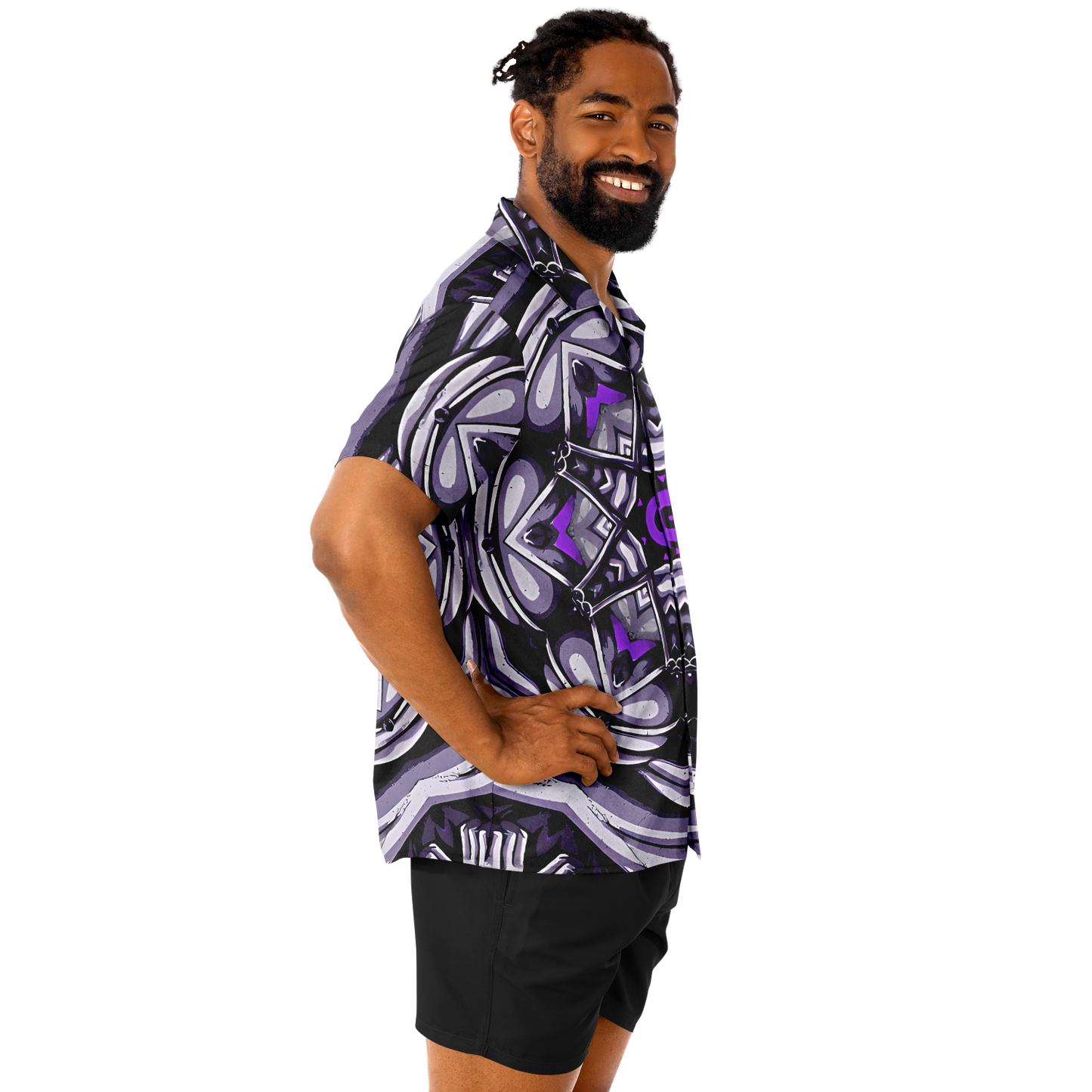 Men's Kaleidoscope Purple Pattern Spread Collar Short Sleeve Button-Down All Over Print Shirt.