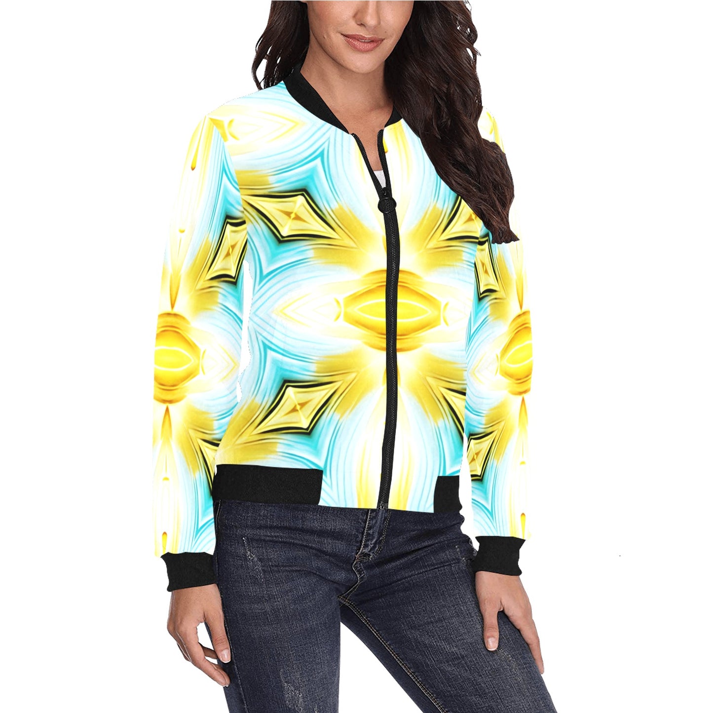 Women's Vibrant Kaleidoscope Geo Pattern All-Over Print Bomber Jacket for Women