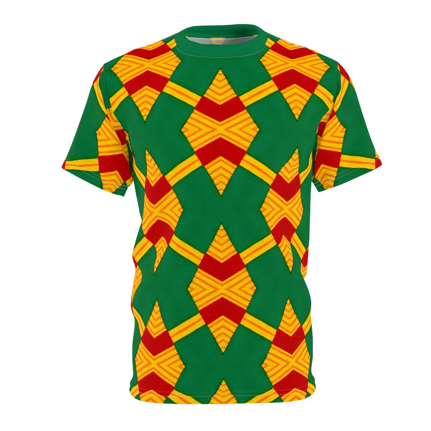 Women Bold Green, Red & Gold African Kente-Inspired Pattern  All-Over Print Tee